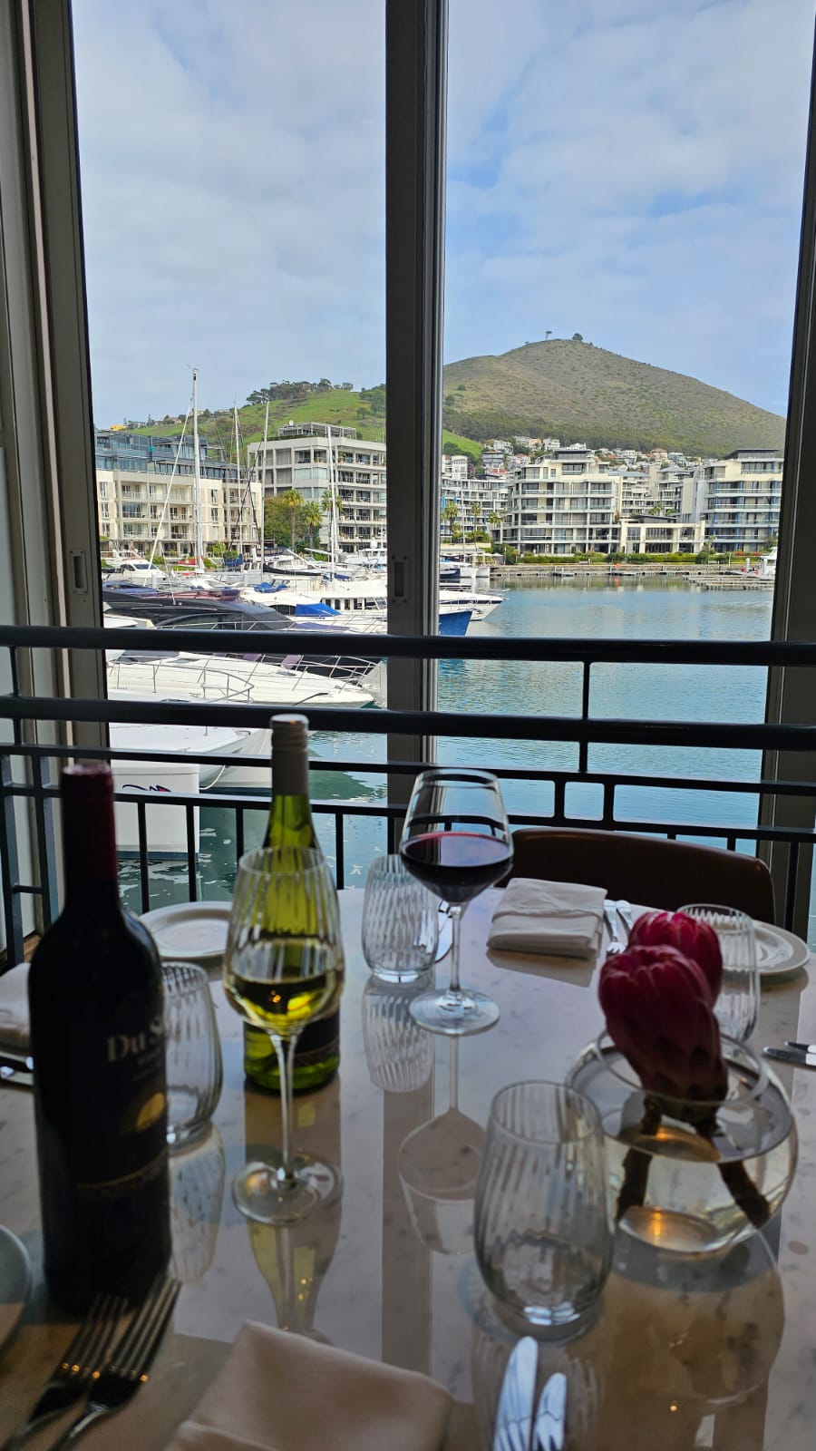 Du Sol red and white on a marble table with the harbour and Signal Hill through the window
